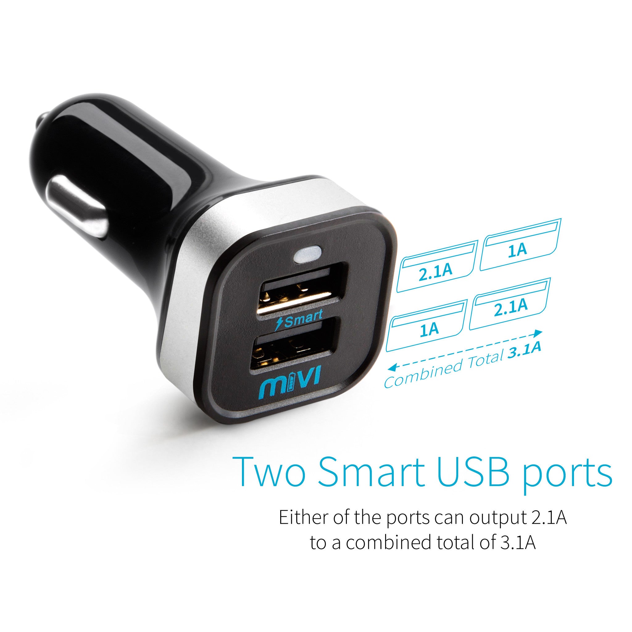 Mivi Smart Charge 3.1A Dual Port Car Charger Universal Compatibility with iPhone, Samsung and all mobile devices