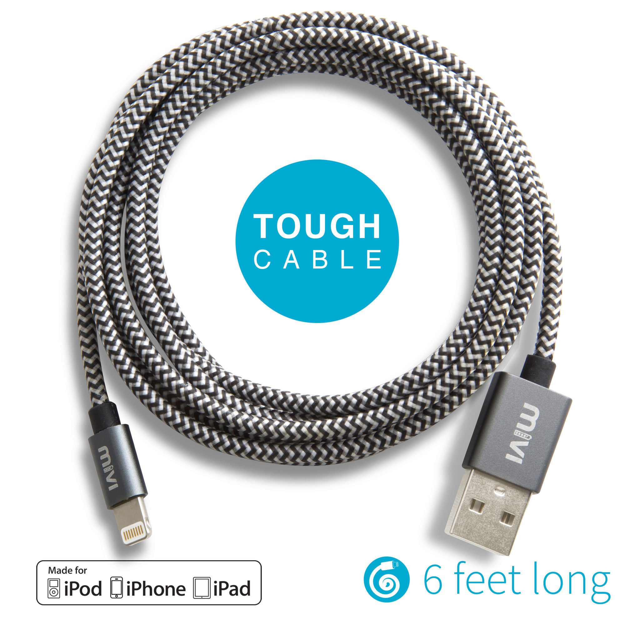 Apple MFi Certified 6ft long Nylon Braided Original MIVI Tough Lightning Cable for iPhone, iPad, or iPod