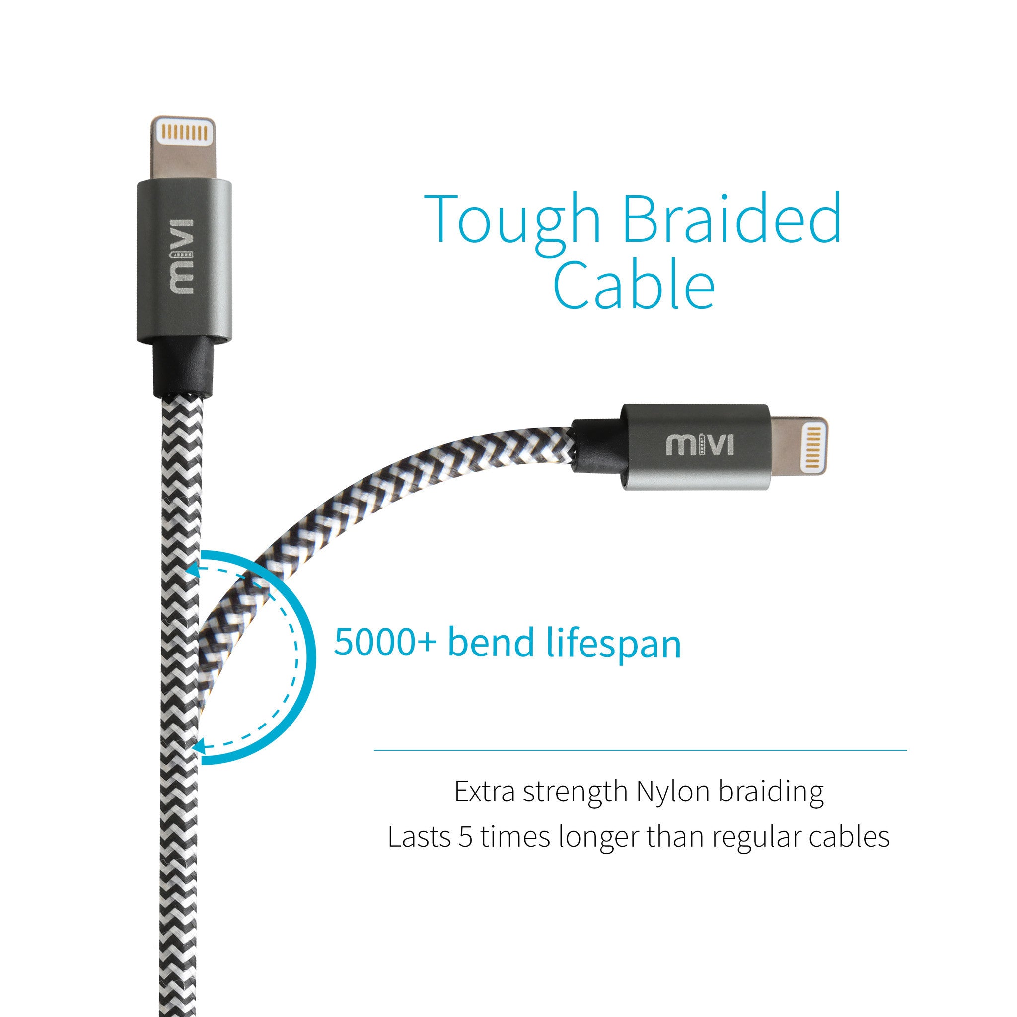 Apple MFi Certified 6ft long Nylon Braided Original MIVI Tough Lightning Cable for iPhone, iPad, or iPod