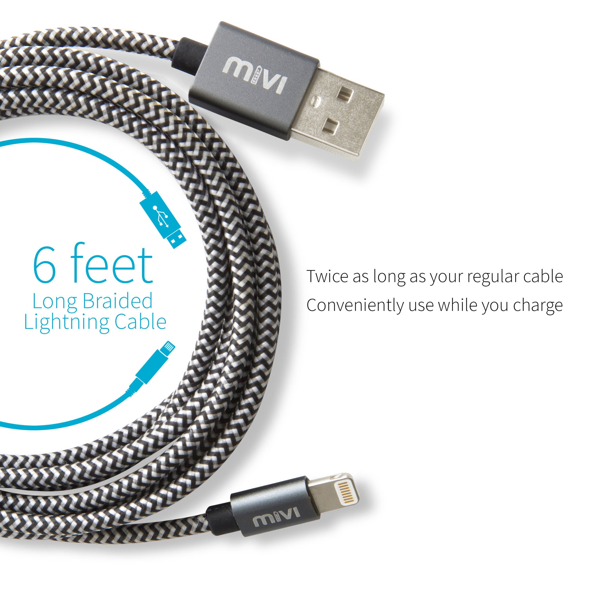 Apple MFi Certified 6ft long Nylon Braided Original MIVI Tough Lightning Cable for iPhone, iPad, or iPod